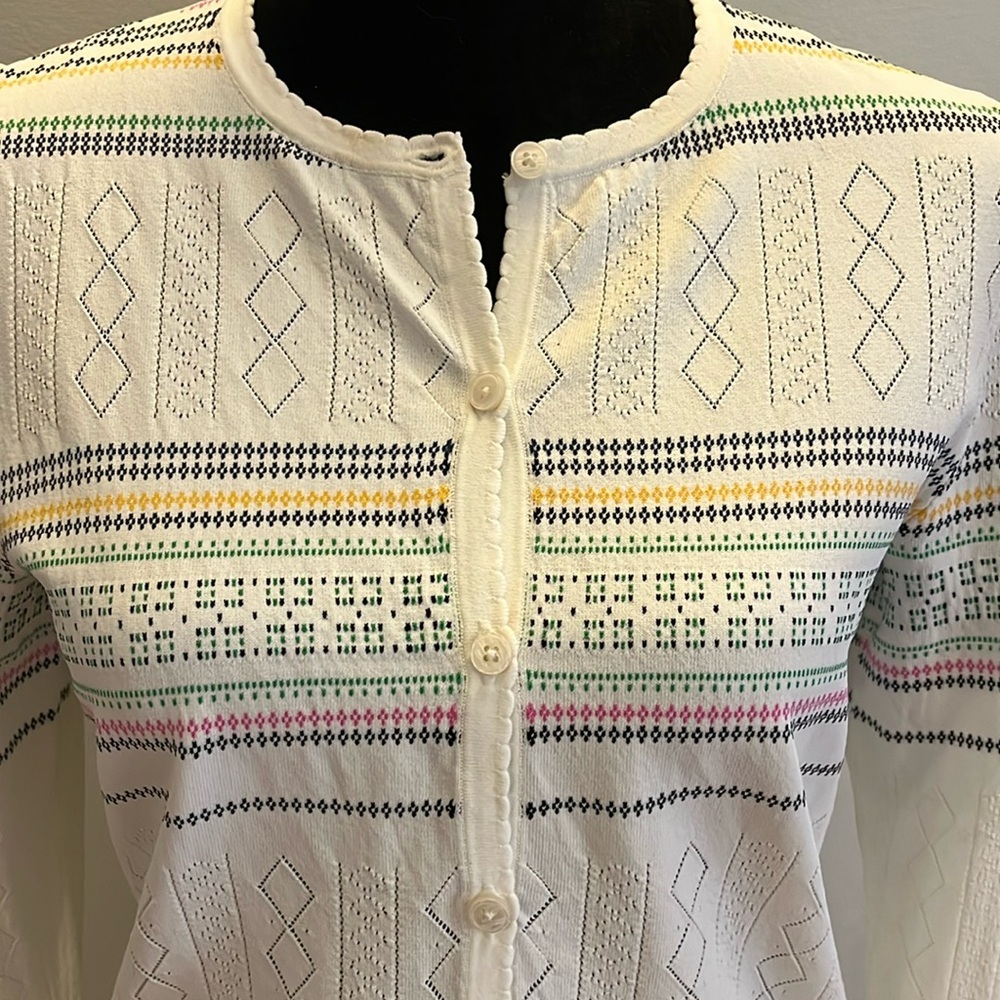Carlisle Collection Pointelle Cardigan, size S, off white w pink green black​​ - Picture 3 of 9